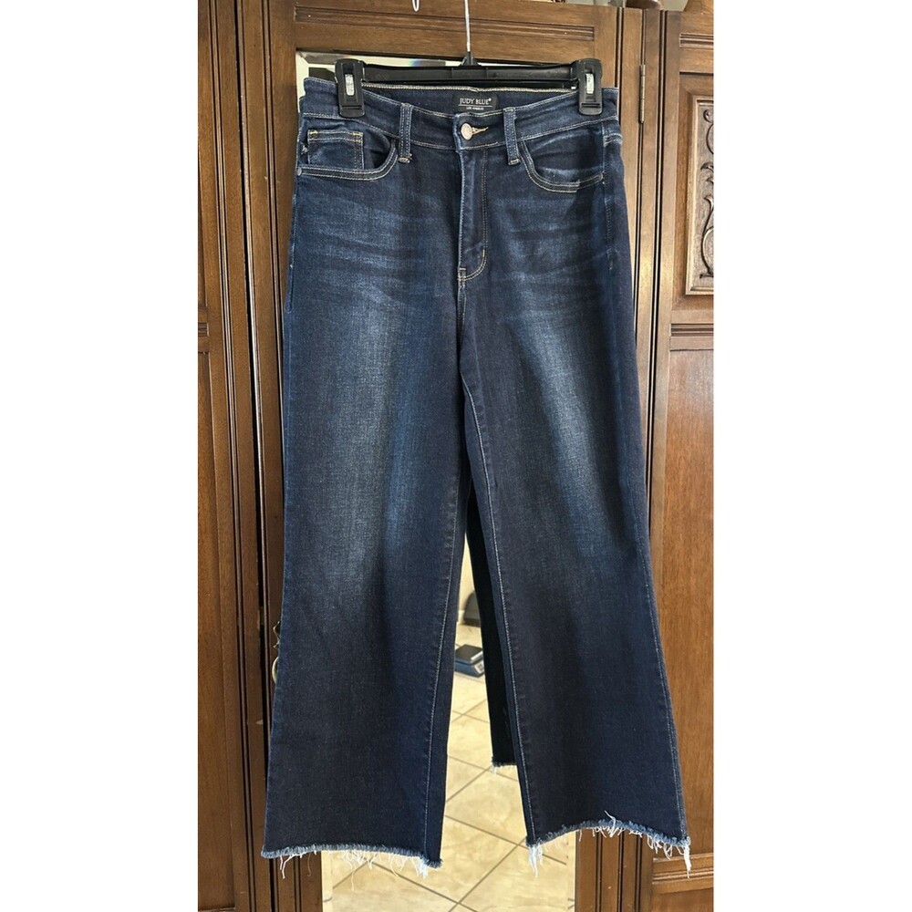 Judy Blue High Rise Cropped Wide Leg Jeans Dark Wash Raw Frayed Hem Size 3/26